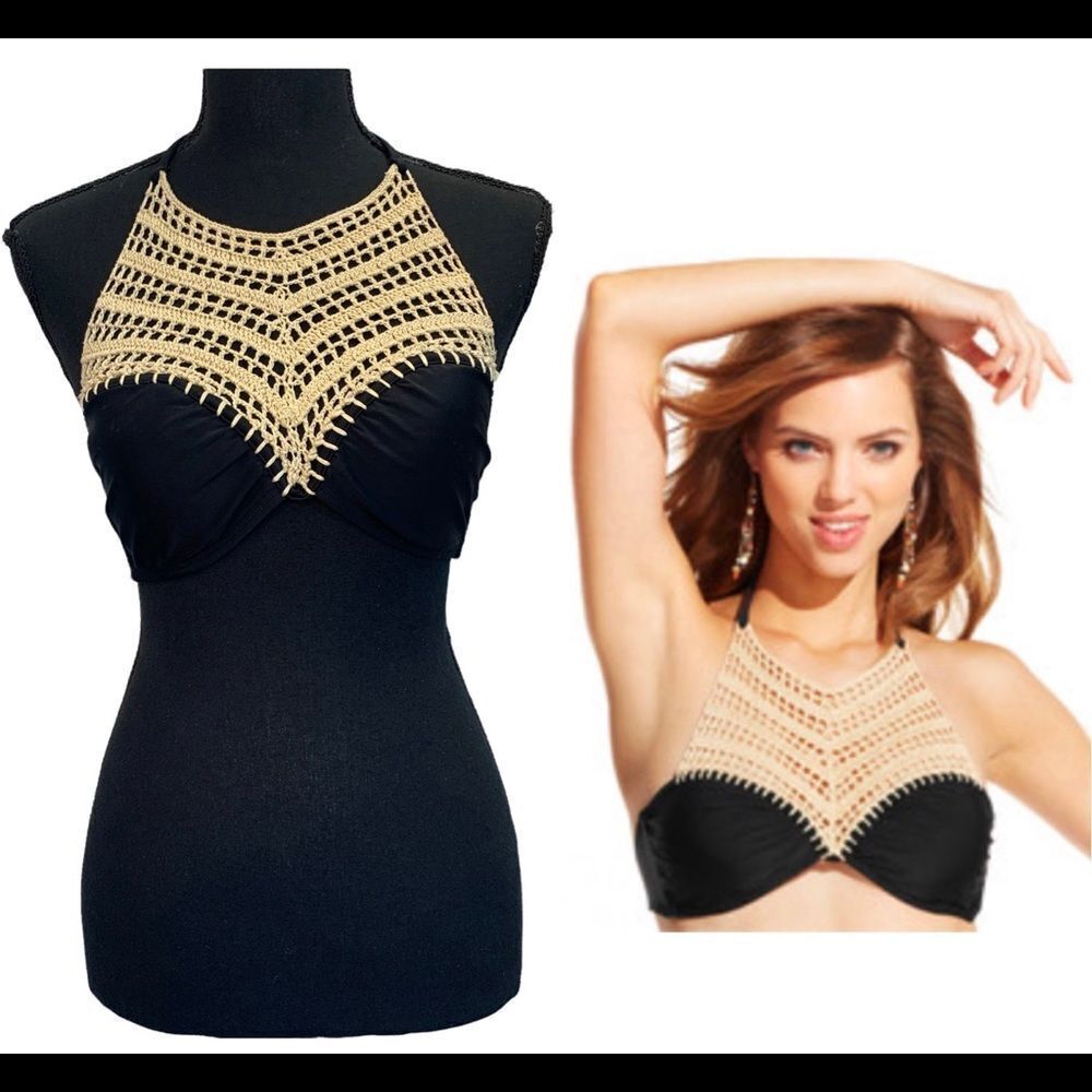 𝅺BIKINI Lab High Neck Crochet Bib Bikini Top black tan beige Sz S
